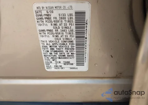 2010 Nissan Murano S из США, поврежденный, VIN JN8AZ1MUXAW001477